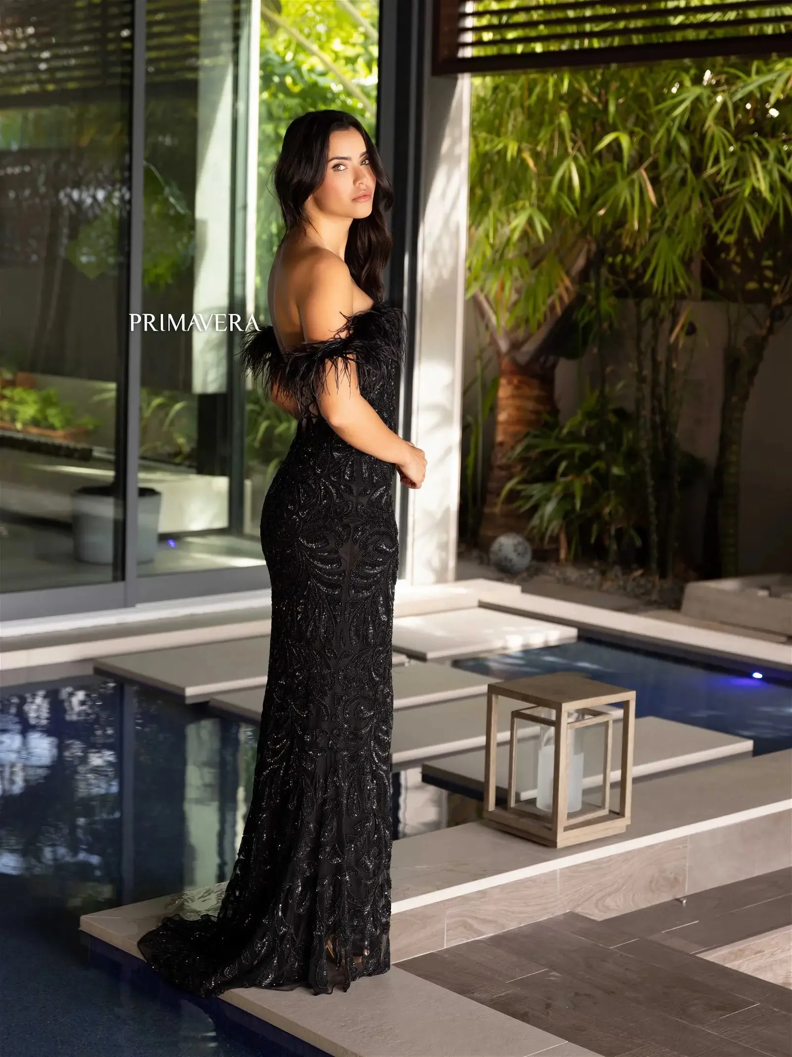 Primavera Couture 4105 Size 6 Teal Long Prom Dress Corset Off Shoulder Feather Sequin Beaded Fitted High Slit Formal Pageant Gown