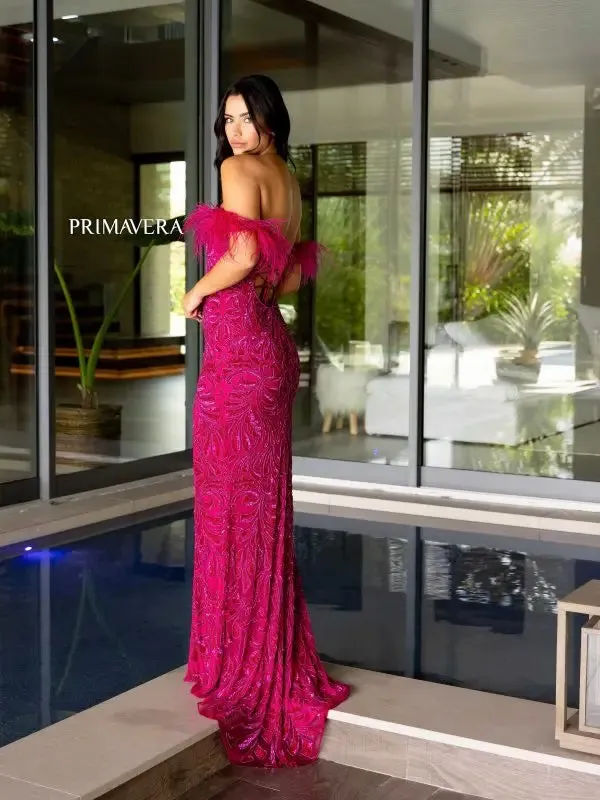 Primavera Couture 4105 Size 6 Teal Long Prom Dress Corset Off Shoulder Feather Sequin Beaded Fitted High Slit Formal Pageant Gown