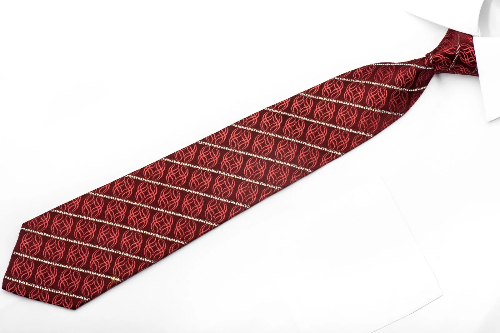 Renoma Men's Crystal Necktie Striped Rhinestones & Waves On Burgundy Silk