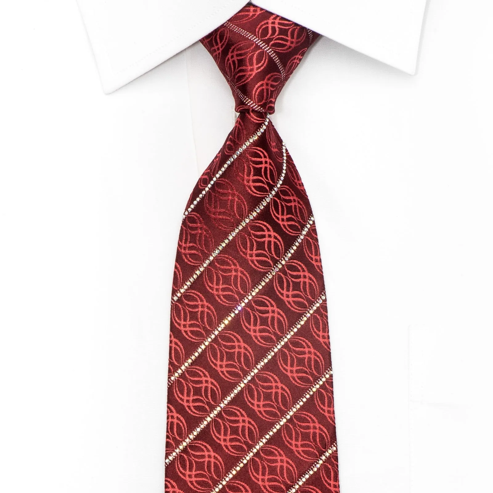 Renoma Men's Crystal Necktie Striped Rhinestones & Waves On Burgundy Silk
