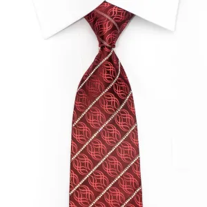 Renoma Men's Crystal Necktie Striped Rhinestones & Waves On Burgundy Silk