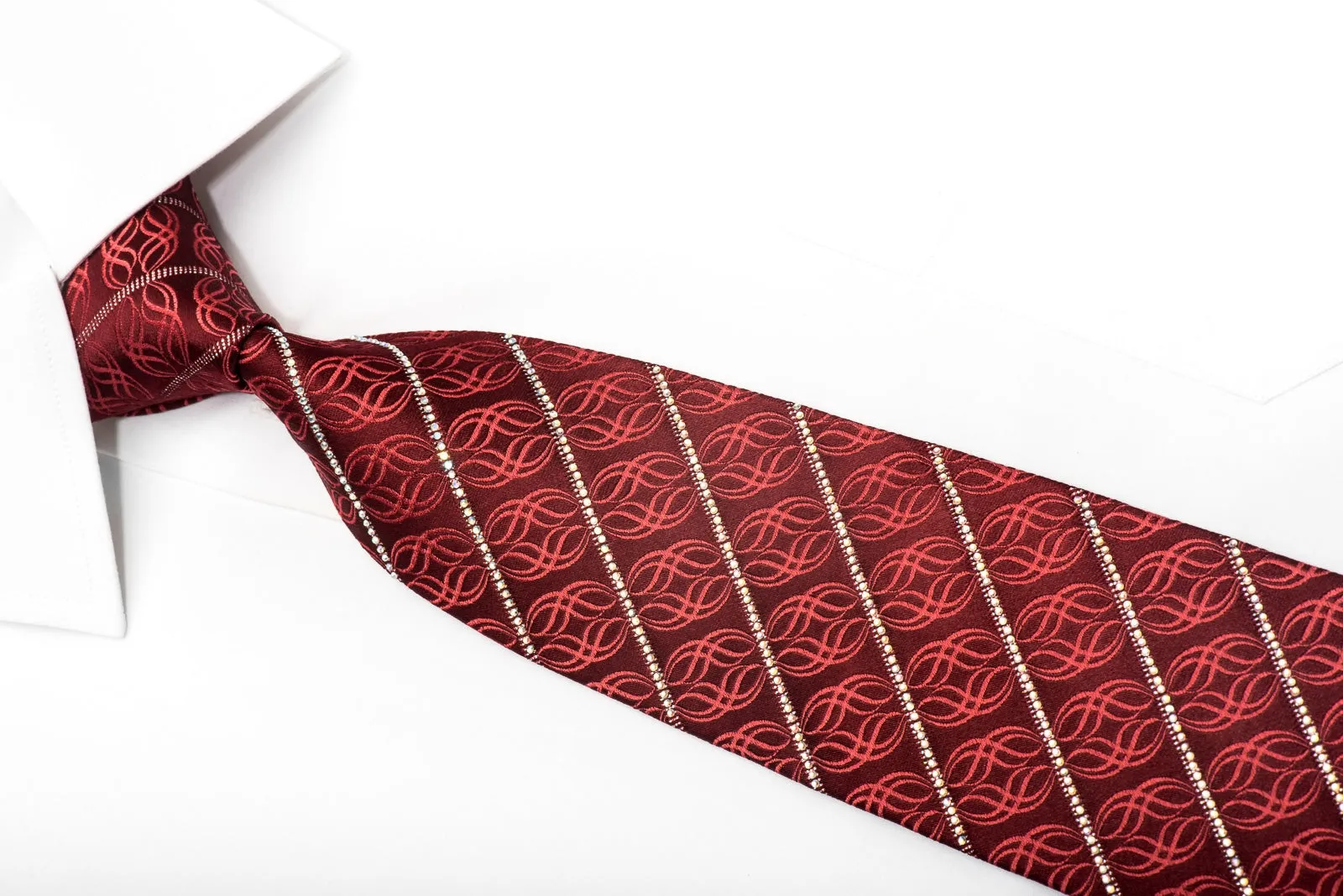 Renoma Men's Crystal Necktie Striped Rhinestones & Waves On Burgundy Silk