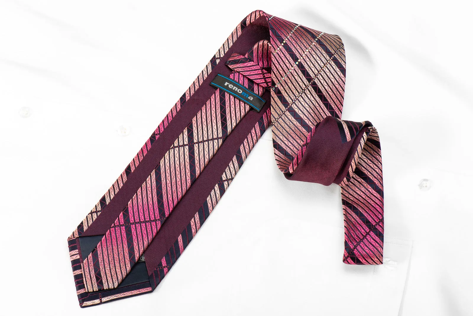 Renoma Men's Rhinestone Tie Pink Striped On Navy With Sparkles