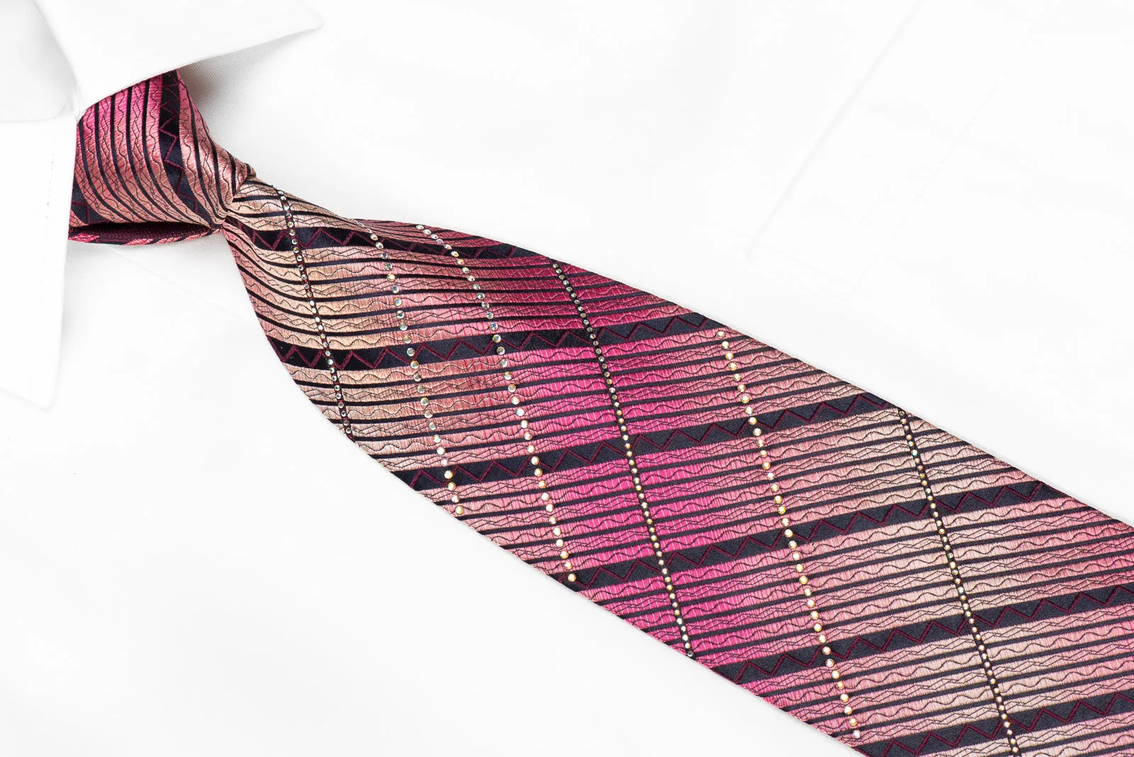 Renoma Men's Rhinestone Tie Pink Striped On Navy With Sparkles