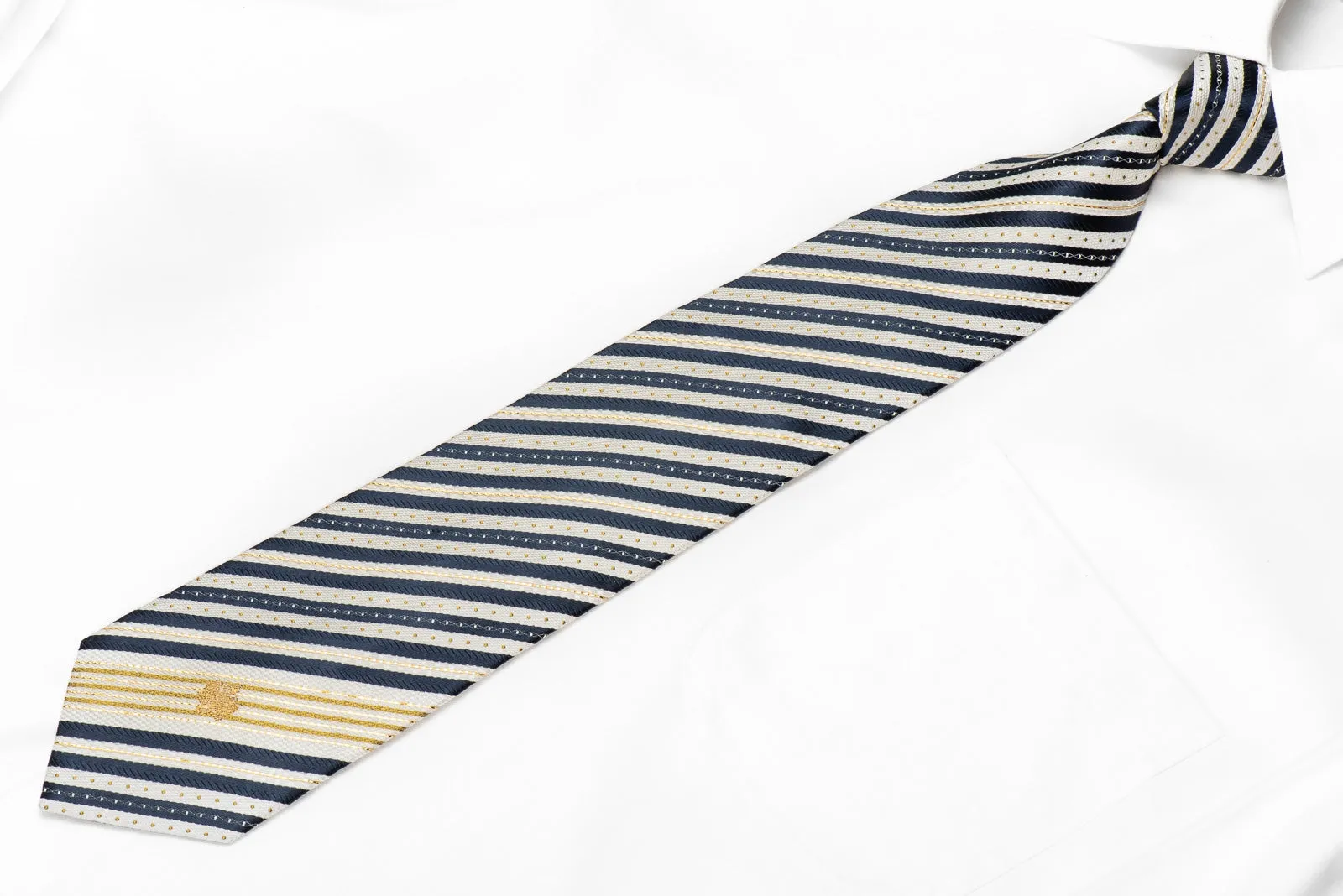 Renoma Men's Silk Necktie Blue Silver Striped With Gold Sparkles