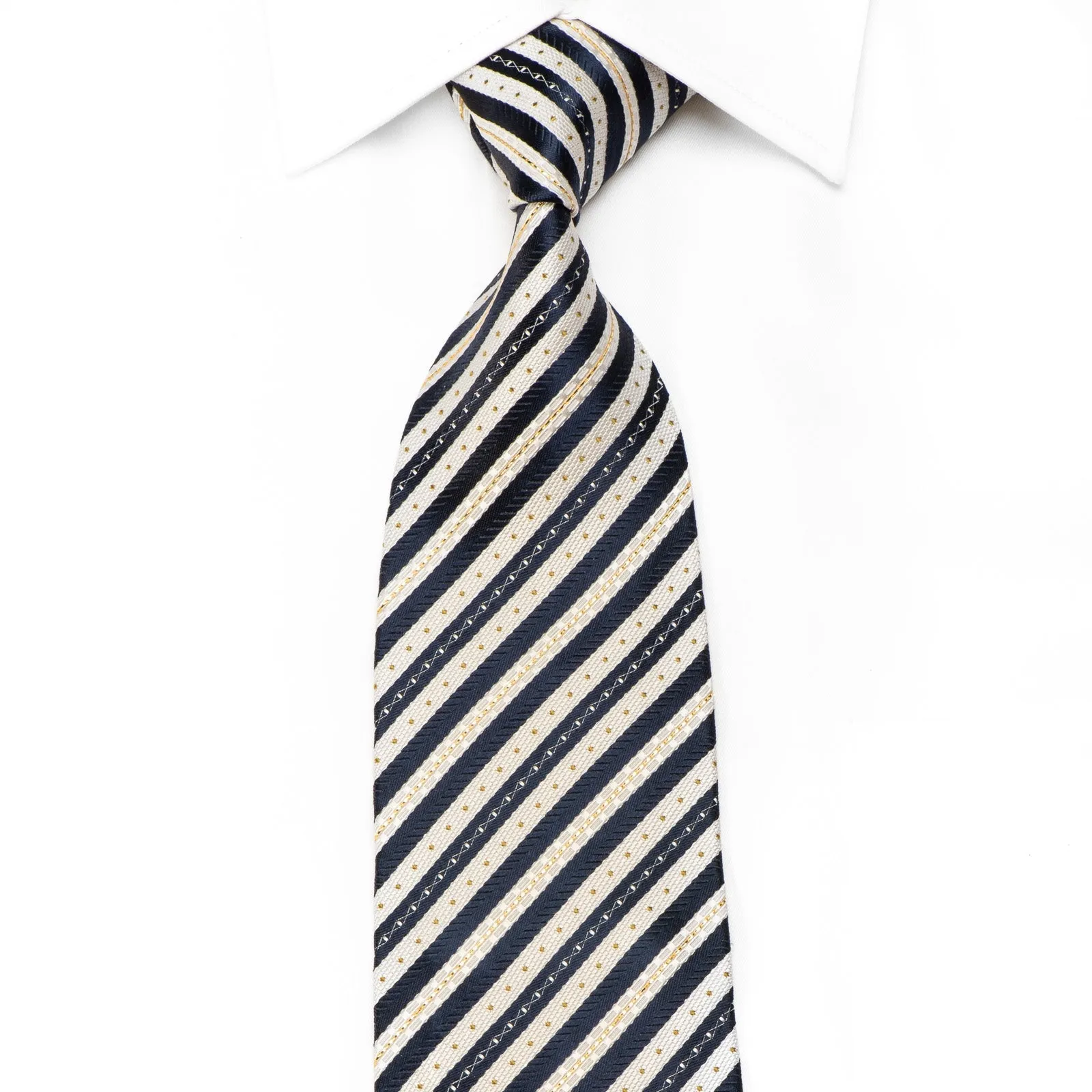 Renoma Men's Silk Necktie Blue Silver Striped With Gold Sparkles