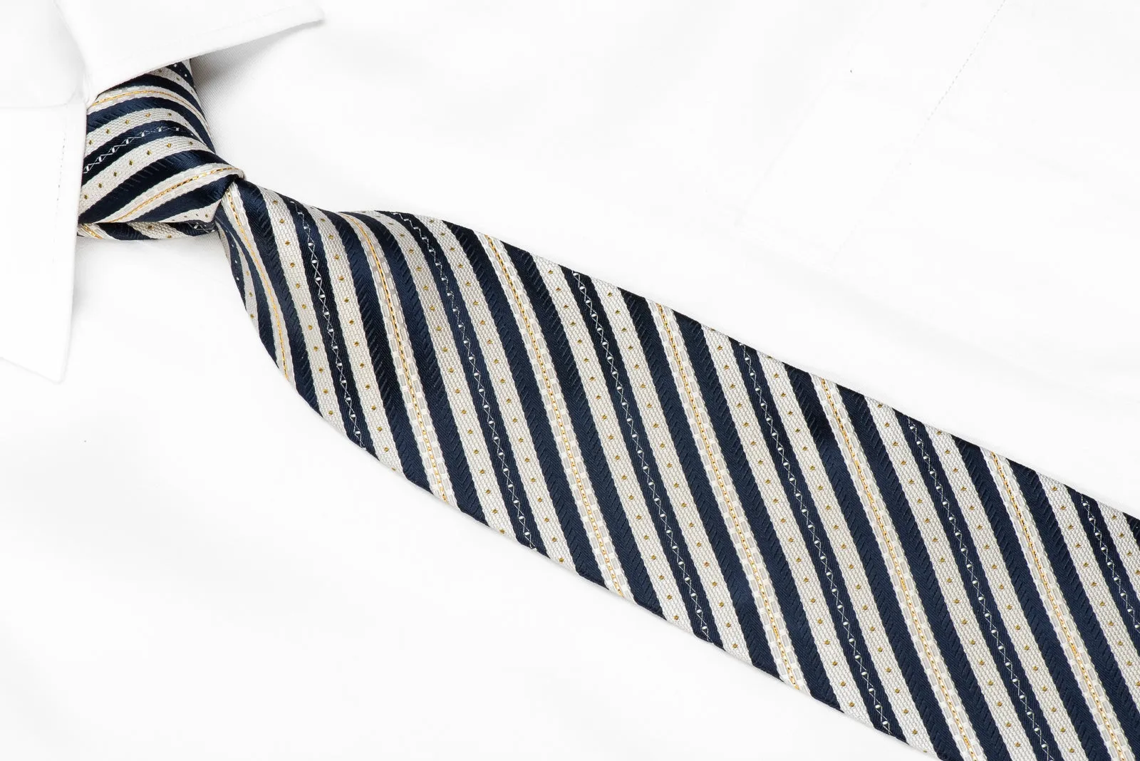Renoma Men's Silk Necktie Blue Silver Striped With Gold Sparkles