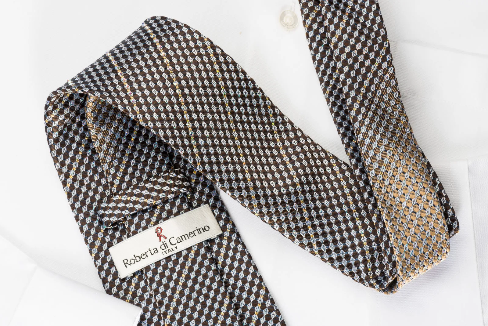 Roberta di Camerino Silk Rhinestone Necktie Silver Brown Black Checker With Silver Sparkles