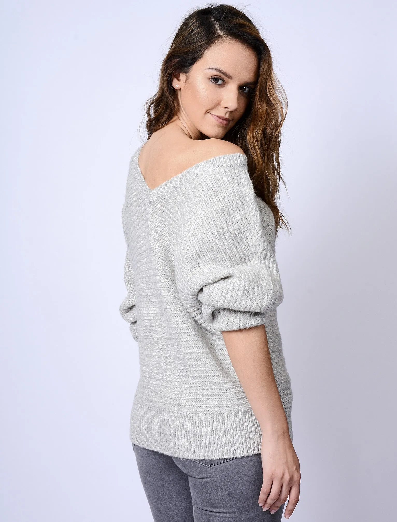 Rumba Crew Neck Knitted Jumper with Wide Sleeves in Light Grey Marl - Tokyo Laundry