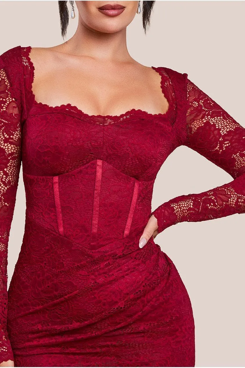 Scalloped Lace Corset Bodice Midi Dress - Wine by Goddiva