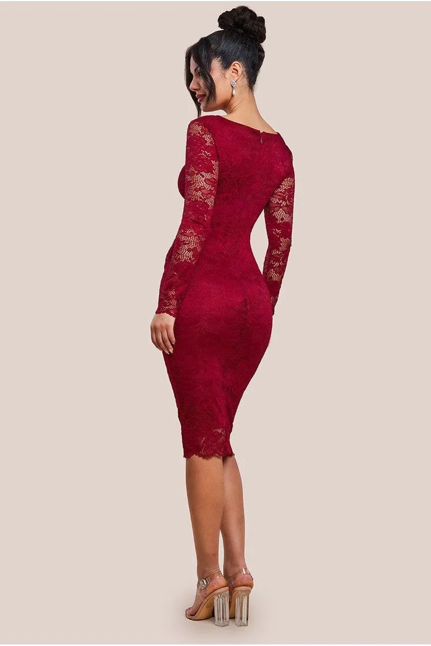 Scalloped Lace Corset Bodice Midi Dress - Wine by Goddiva