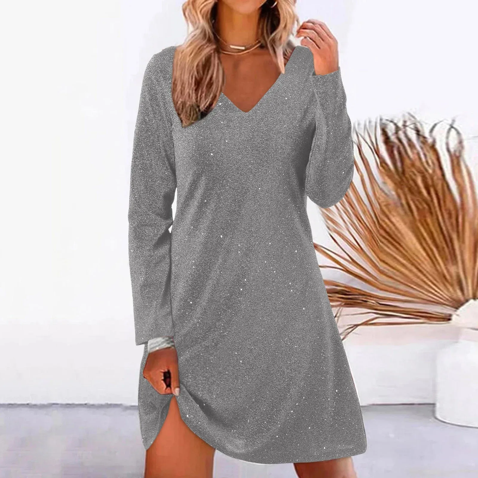 Sequined Mini Elegant Commute Casual A-Line V-Neck Party Club Streetwear Casual Vintage Dress