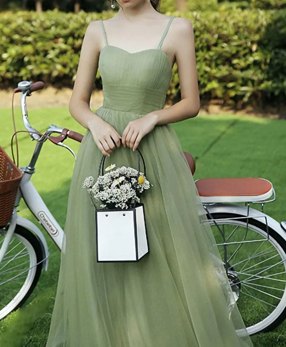 Simple Sweetheart Tulle Green Long Prom Dress Green Evening Dress