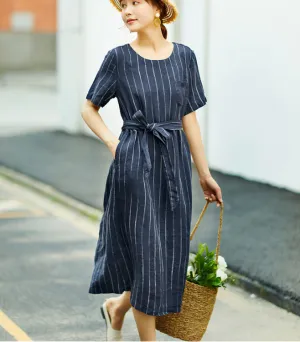 Stripe Women Dresses Casual Summer Buttons Linen Shirts Women Dresses SSM97215