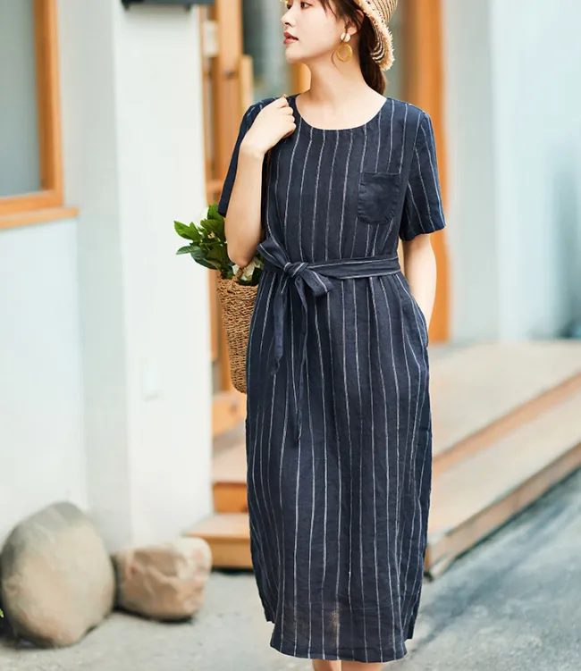 Stripe Women Dresses Casual Summer Buttons Linen Shirts Women Dresses SSM97215