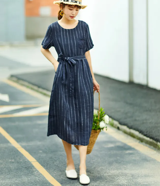 Stripe Women Dresses Casual Summer Buttons Linen Shirts Women Dresses SSM97215