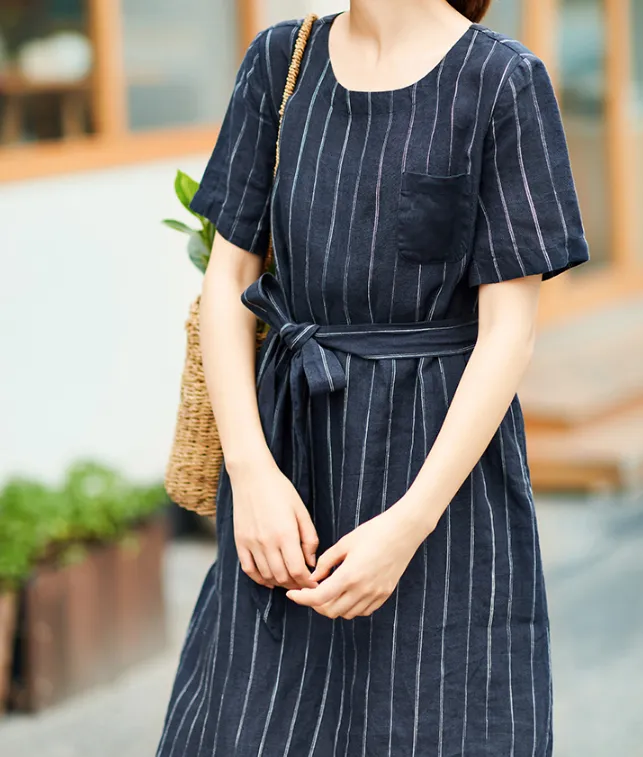 Stripe Women Dresses Casual Summer Buttons Linen Shirts Women Dresses SSM97215