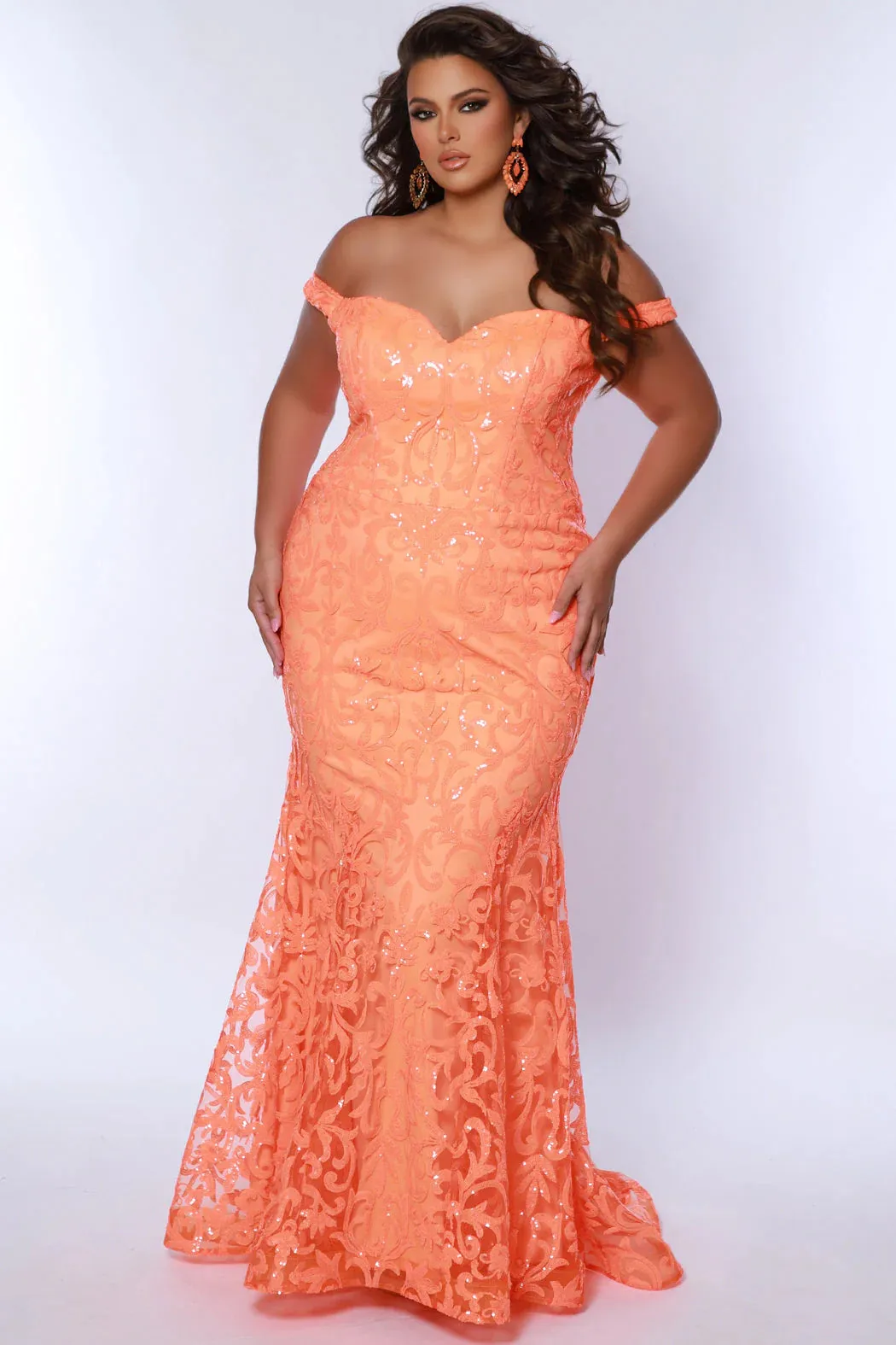 Sydneys Closet SC7372 Long Prom Dress Mermaid Plus Size Sequin Off Shoulder Fitted Formal Gown