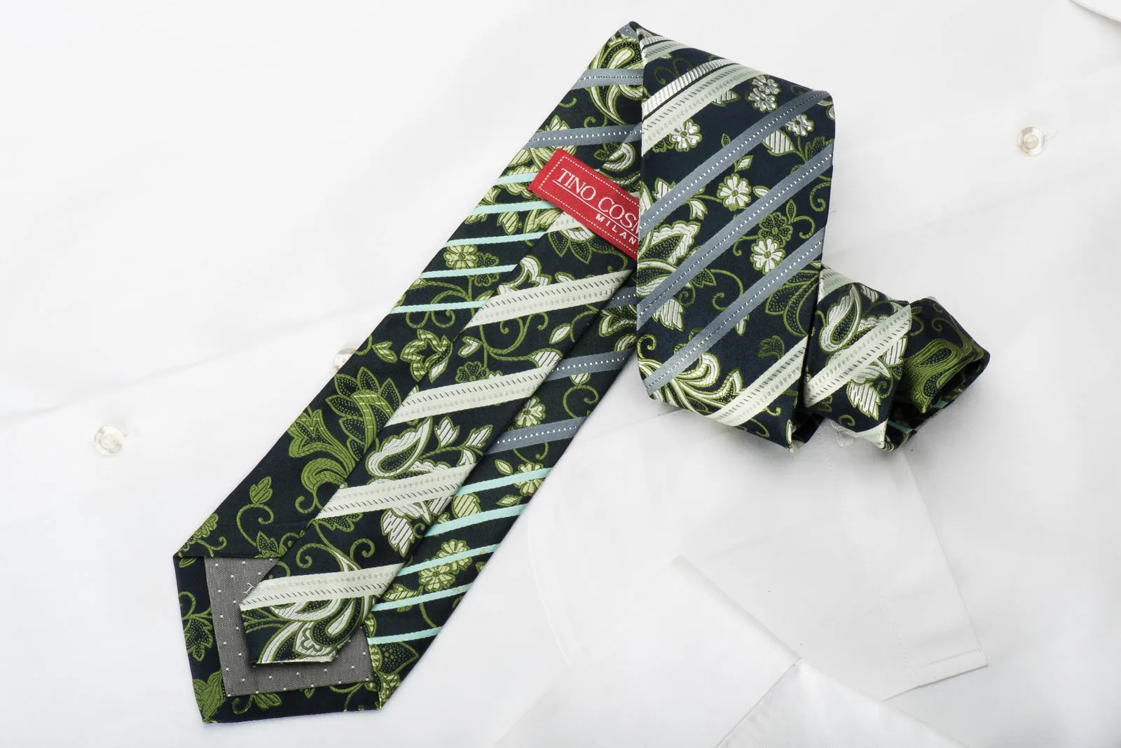 Tino Cosma Man's Rhinestone Silk Tie Stripes & Anthemion On Black With Silver Sparkles