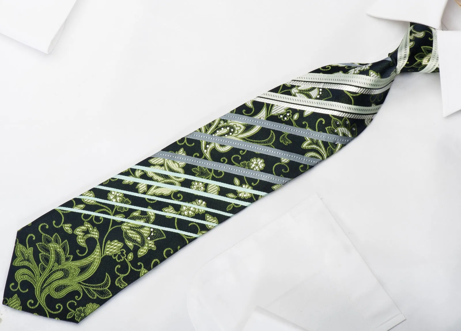 Tino Cosma Man's Rhinestone Silk Tie Stripes & Anthemion On Black With Silver Sparkles