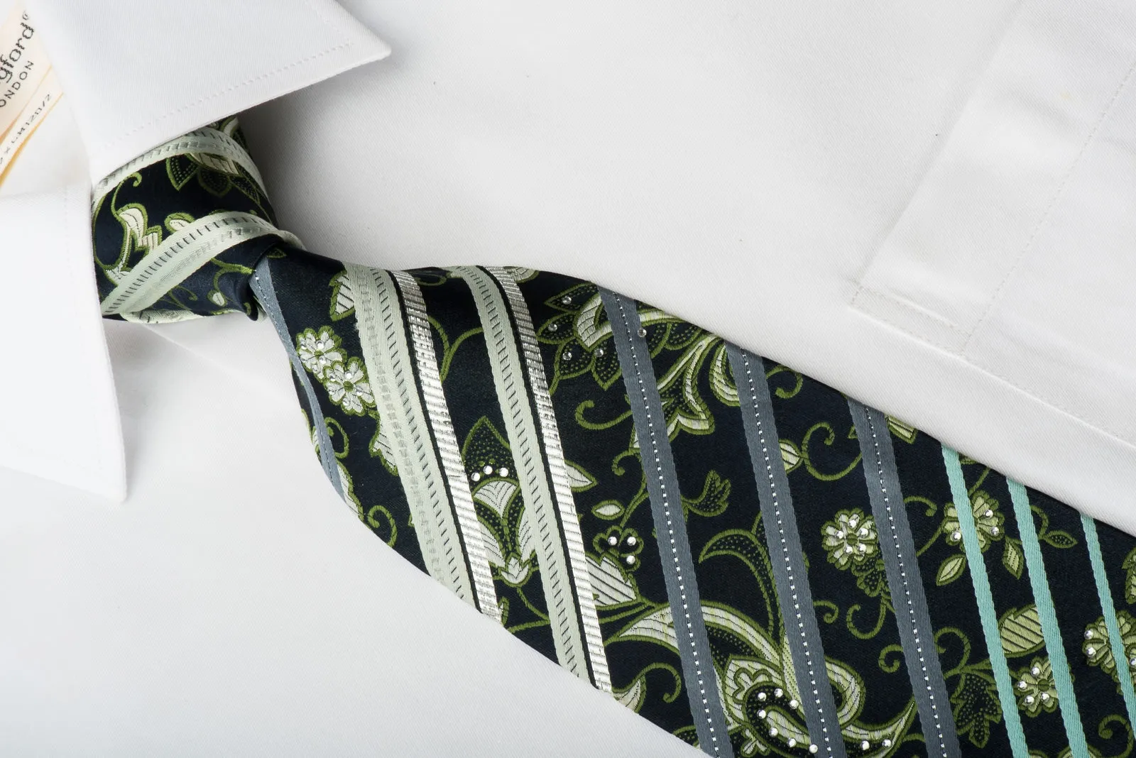 Tino Cosma Man's Rhinestone Silk Tie Stripes & Anthemion On Black With Silver Sparkles