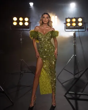 Trend4us Women’s Luxury Sweetheart Off Shoulder Sequin Slit Gown