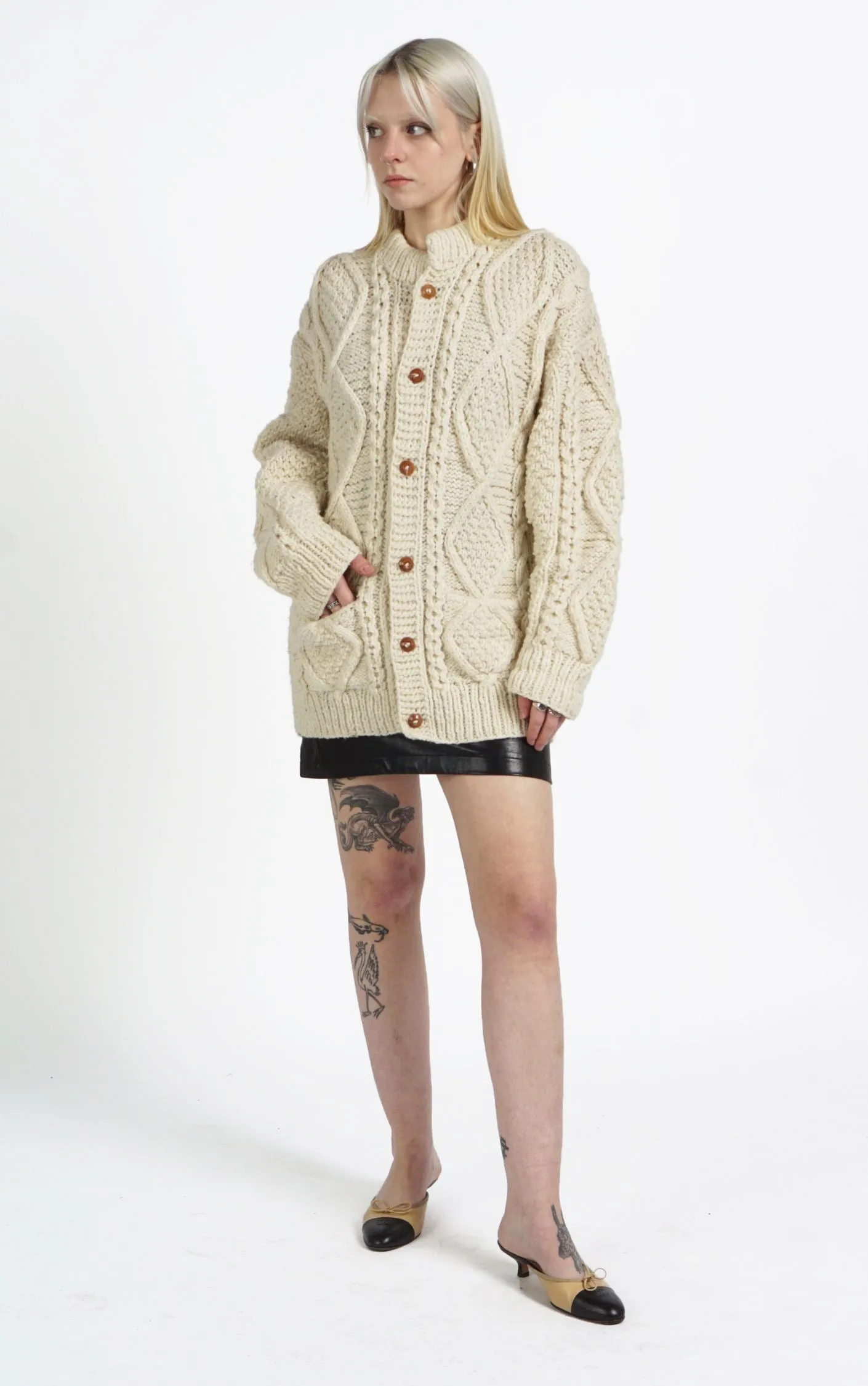 VINTAGE 100% Wool Chunky Knit Puff Sleeve Scandinavian Cardigan