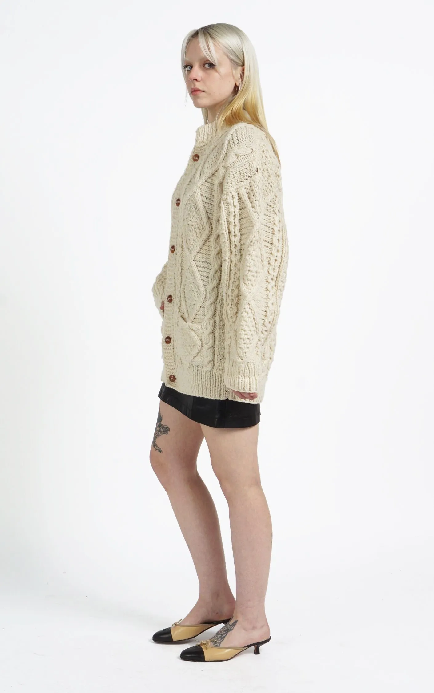 VINTAGE 100% Wool Chunky Knit Puff Sleeve Scandinavian Cardigan