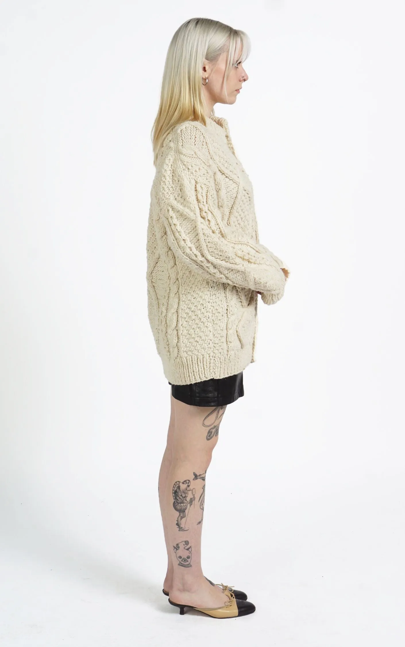 VINTAGE 100% Wool Chunky Knit Puff Sleeve Scandinavian Cardigan