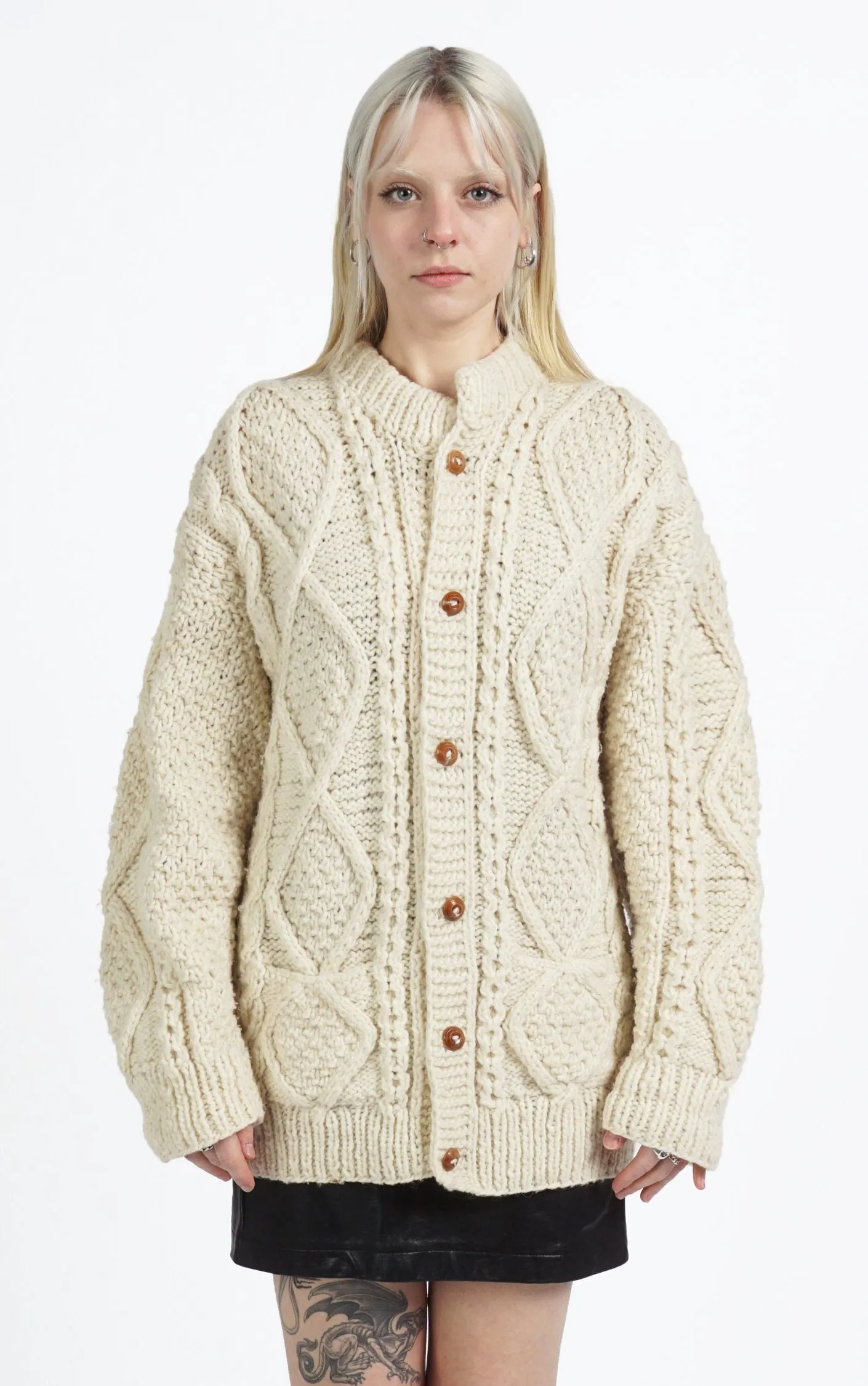 VINTAGE 100% Wool Chunky Knit Puff Sleeve Scandinavian Cardigan