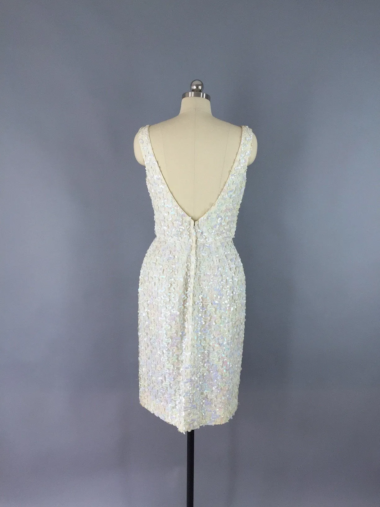 Vintage 1960s Dress / White Sequined Cocktail Dress