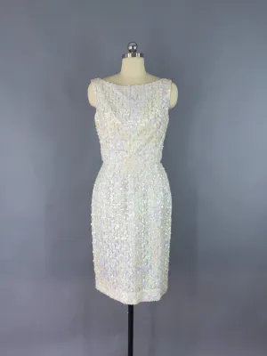 Vintage 1960s Dress / White Sequined Cocktail Dress