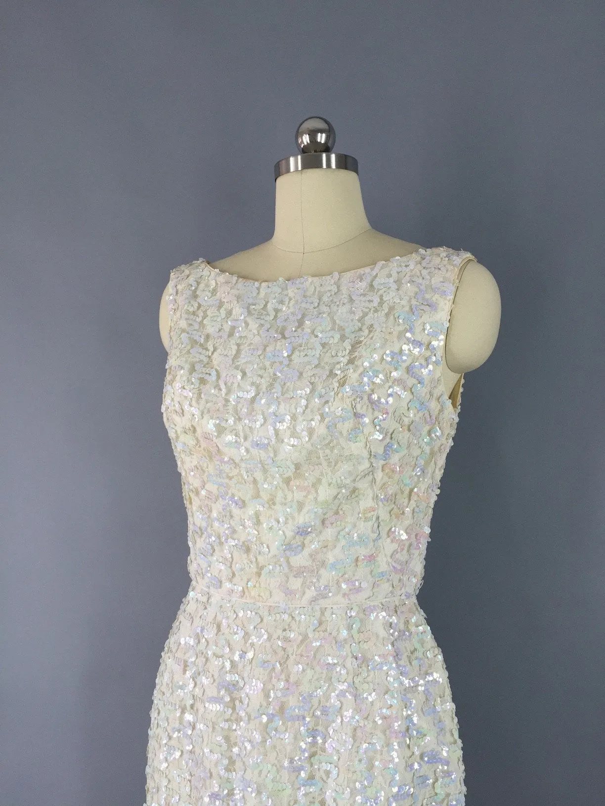Vintage 1960s Dress / White Sequined Cocktail Dress