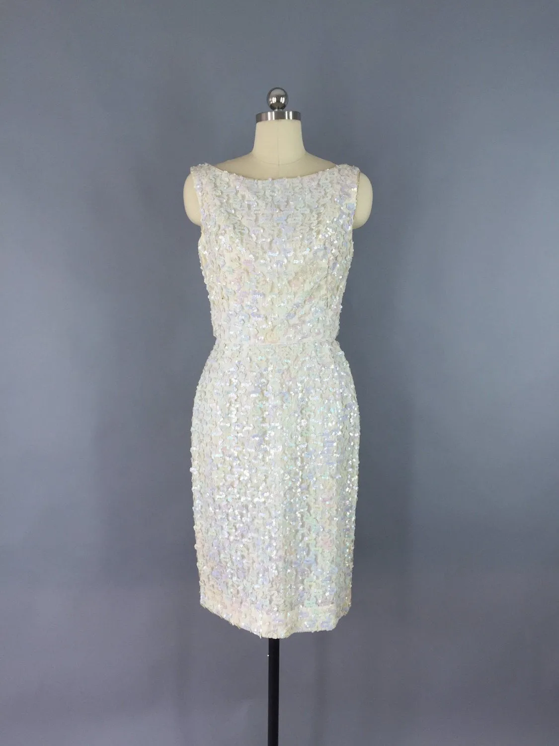 Vintage 1960s Dress / White Sequined Cocktail Dress