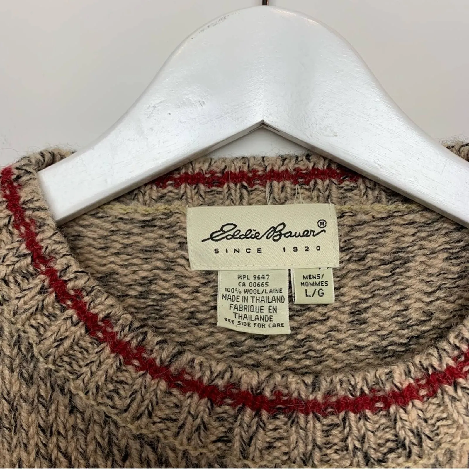 Vintage Eddie Bauer Chunky Knit Grandpa Sweater Beige Red Crewneck Pullover L