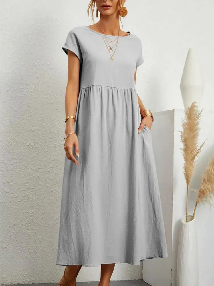 Vintage Solid Midi Dress: Retro Boho Chic Cotton & Linen Fashion Statement