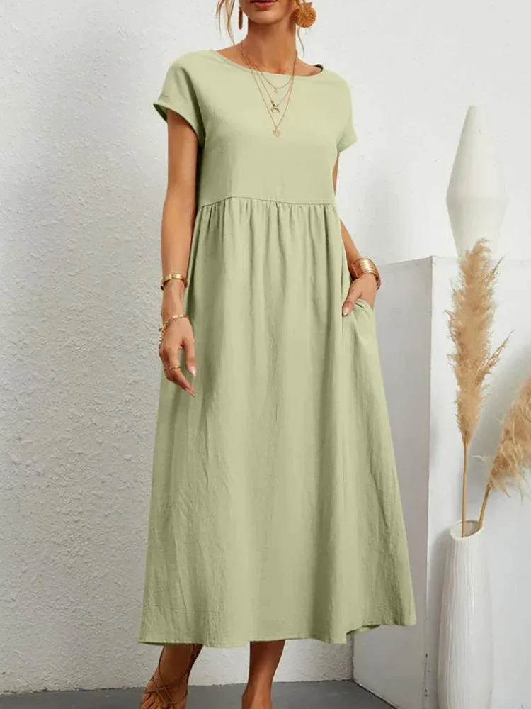 Vintage Solid Midi Dress: Retro Boho Chic Cotton & Linen Fashion Statement