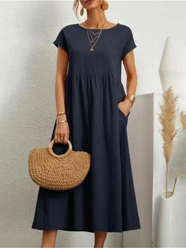 Vintage Solid Midi Dress: Retro Boho Chic Cotton & Linen Fashion Statement