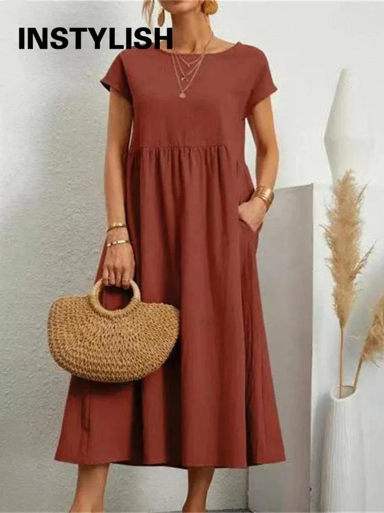 Vintage Solid Midi Dress: Retro Boho Chic Cotton & Linen Fashion Statement