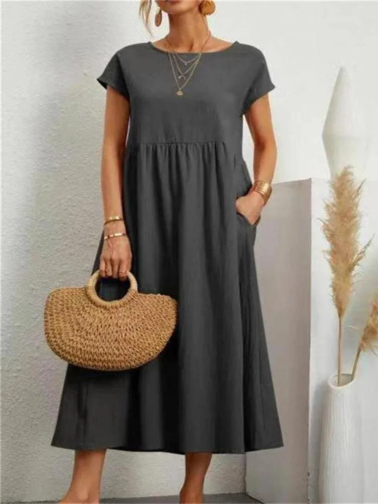 Vintage Solid Midi Dress: Retro Boho Chic Cotton & Linen Fashion Statement