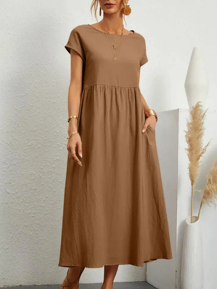 Vintage Solid Midi Dress: Retro Boho Chic Cotton & Linen Fashion Statement