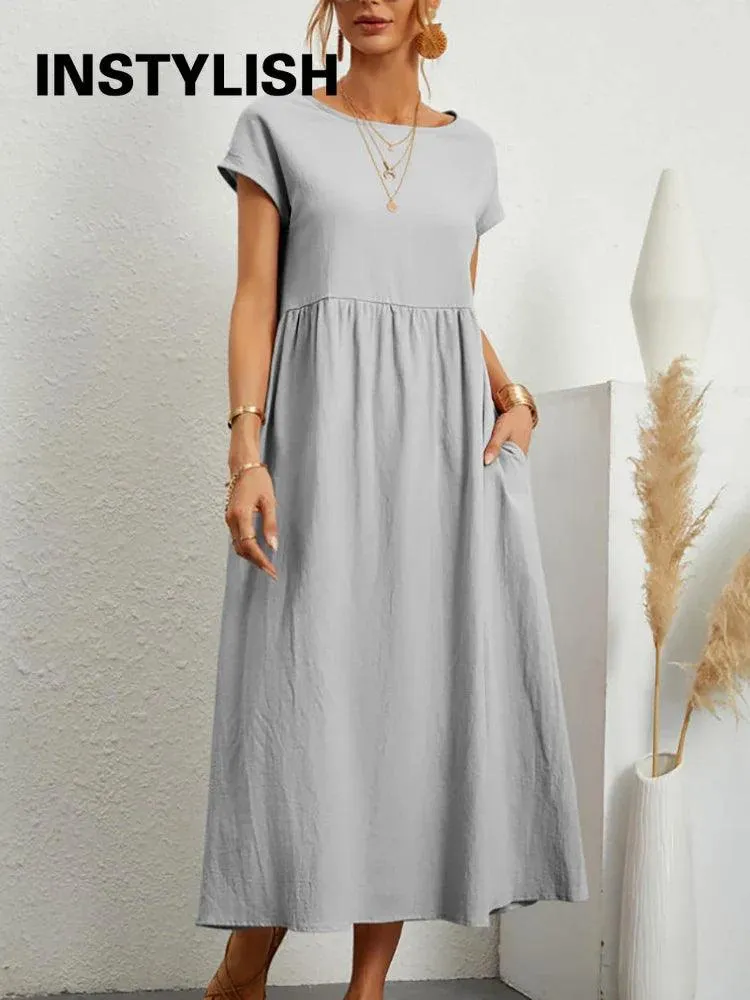 Vintage Solid Midi Dress: Retro Boho Chic Cotton & Linen Fashion Statement