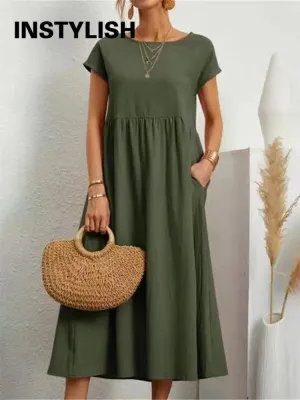Vintage Solid Midi Dress: Retro Boho Chic Cotton & Linen Fashion Statement