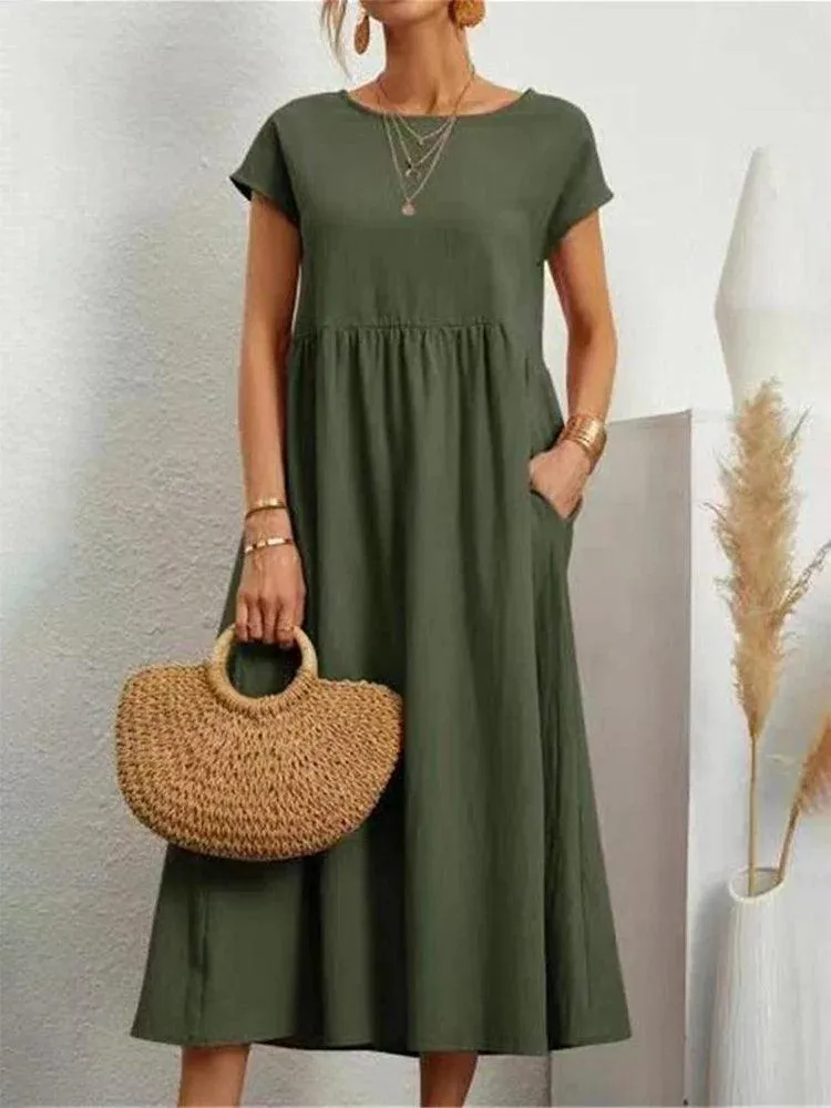 Vintage Solid Midi Dress: Retro Boho Chic Cotton & Linen Fashion Statement