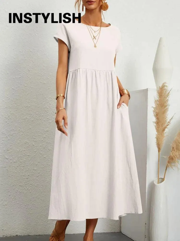 Vintage Solid Midi Dress: Retro Boho Chic Cotton & Linen Fashion Statement