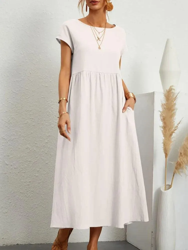 Vintage Solid Midi Dress: Retro Boho Chic Cotton & Linen Fashion Statement