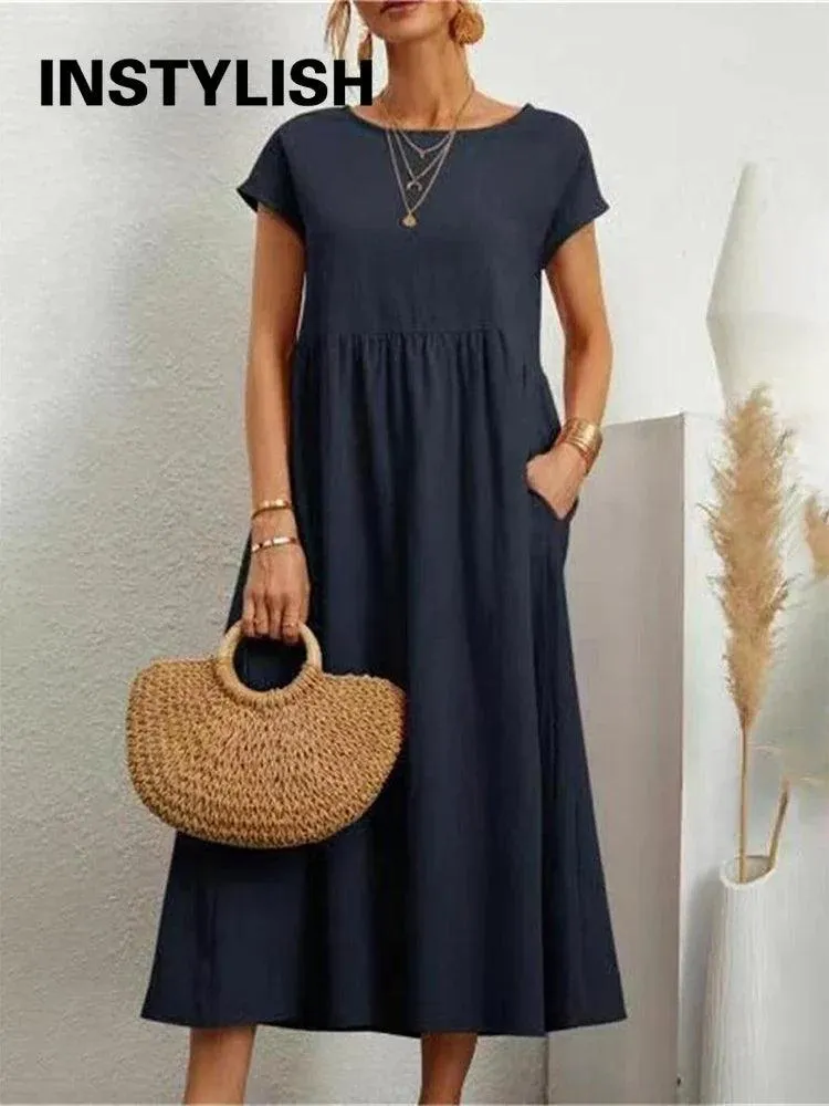 Vintage Solid Midi Dress: Retro Boho Chic Cotton & Linen Fashion Statement