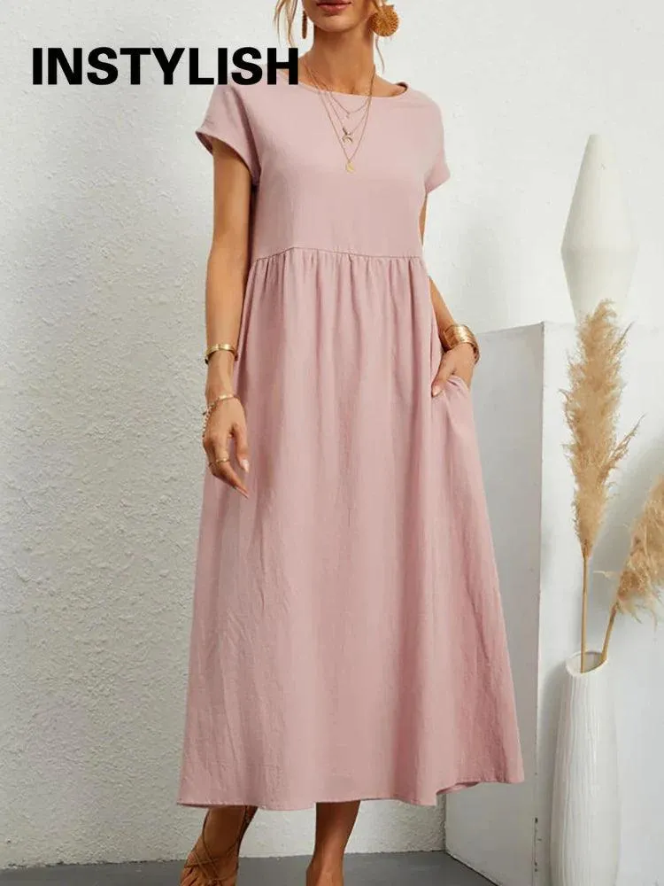 Vintage Solid Midi Dress: Retro Boho Chic Cotton & Linen Fashion Statement