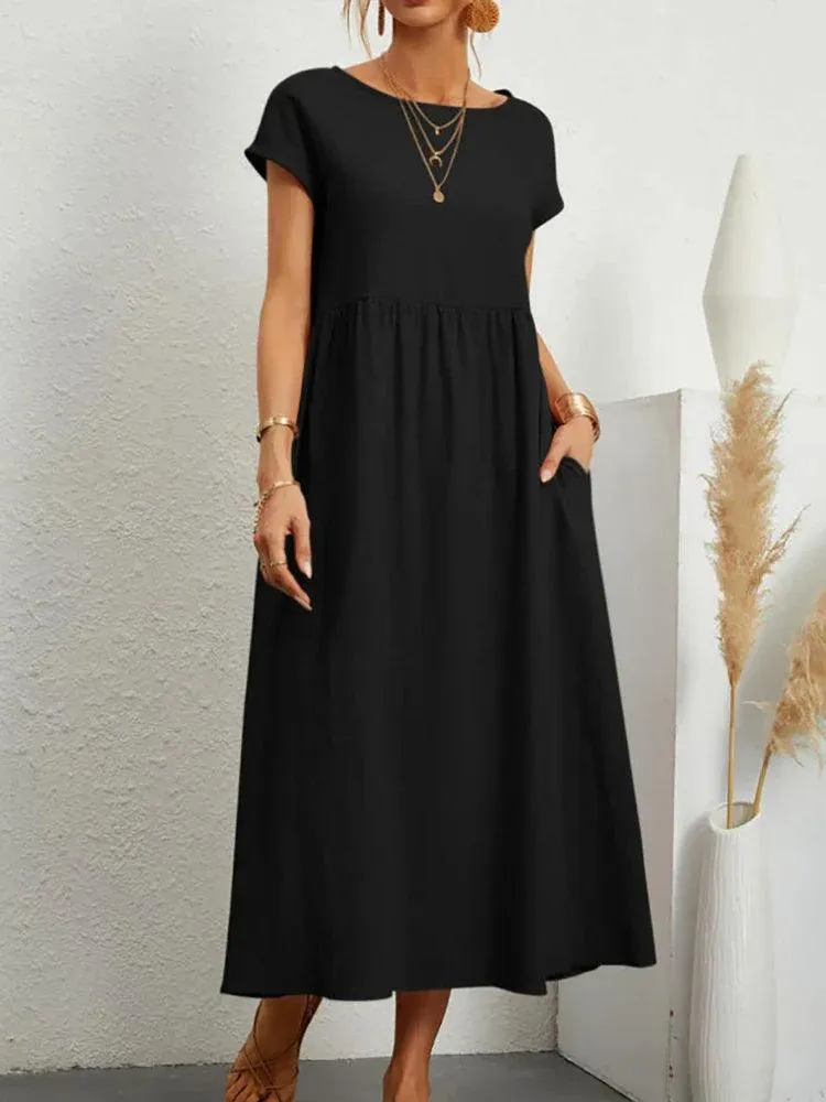 Vintage Solid Midi Dress: Retro Boho Chic Cotton & Linen Fashion Statement
