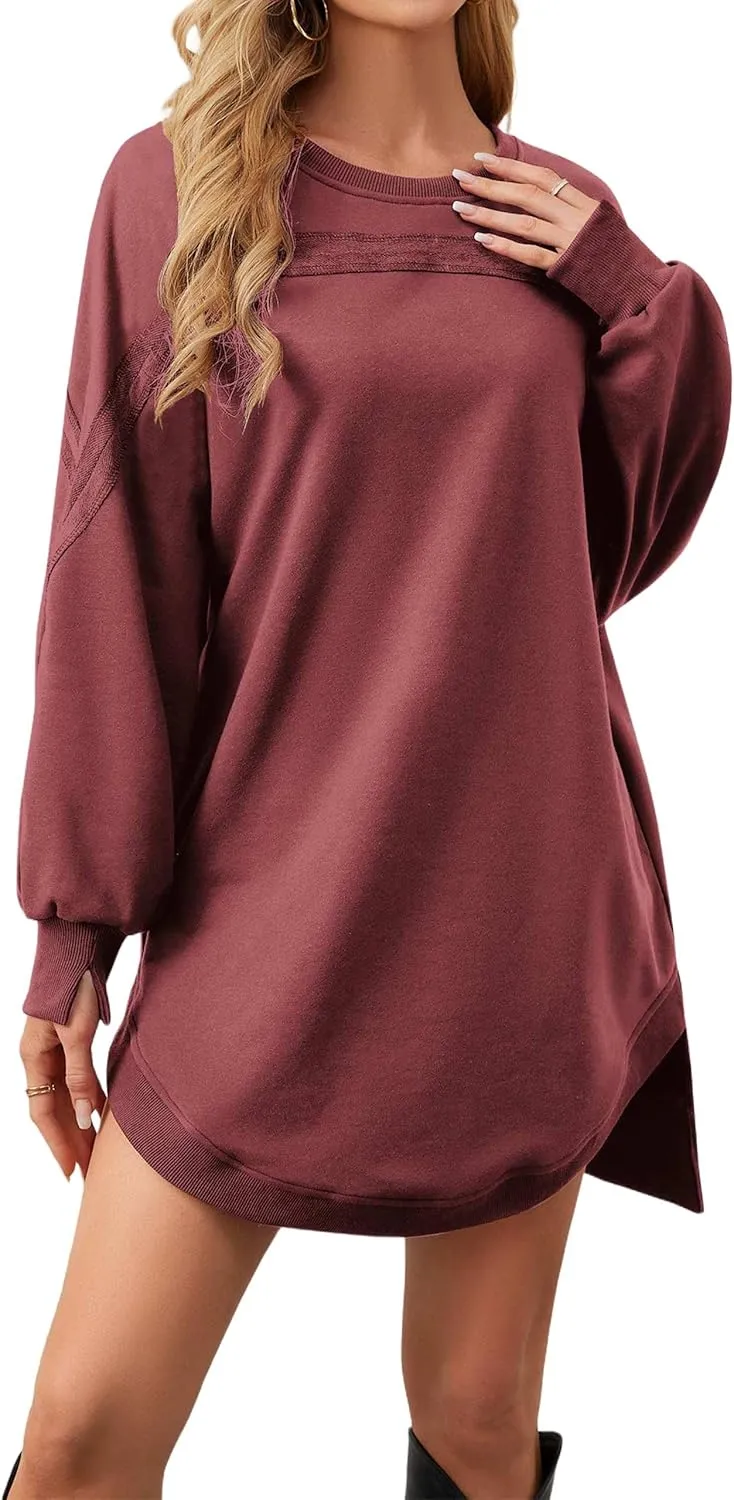 Women Casual Dresses Oversized Long Sleeve Sweatshirt Dresses Crewneck Tunic Tops Pullover Loose Fitting Mini Dresses